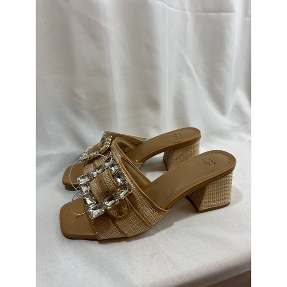 a new day Shoes - A New Day Womens Woven Block Heel Slide Sandals Rhinestone Buckle Tan Size 8